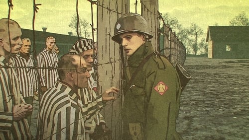 Animated soldier standing on one side of a barbed fence, prisoners on the other side