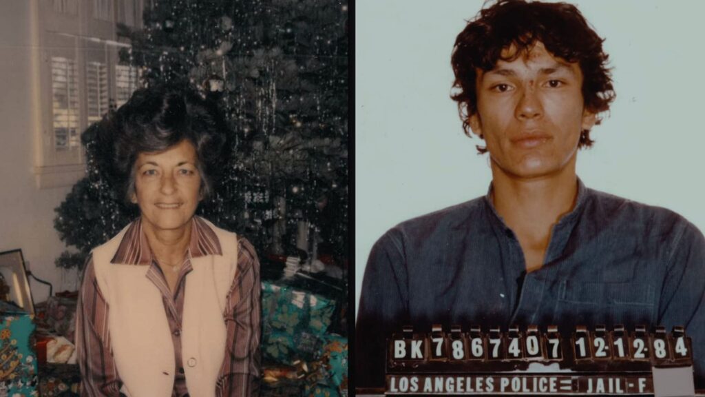 A picture of a woman (victim of the stalker) beside a mug shot of the stalker