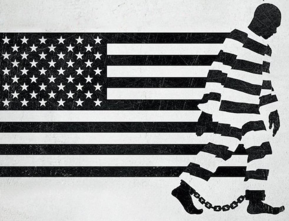 A graphic of a man in chains against the backdrop of the American flag