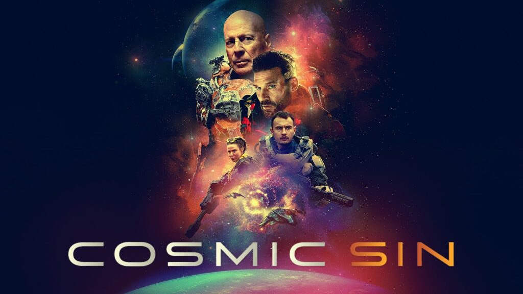 Cosmic Sin promo picture with a collage of all of the lead actors