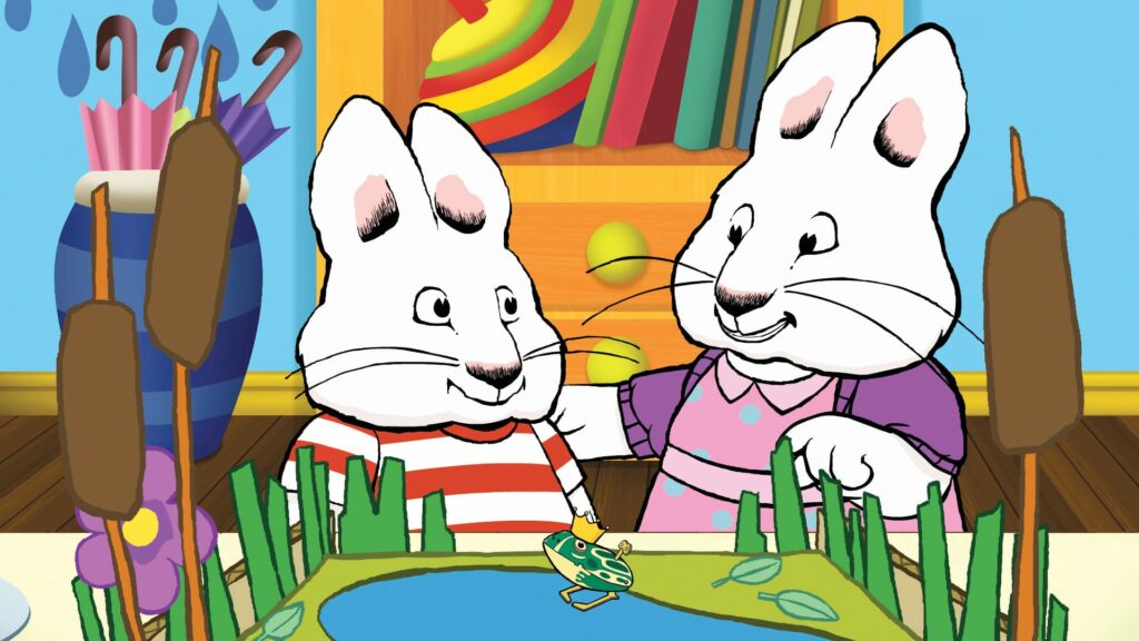 Two animated rabbits, standing near a pond